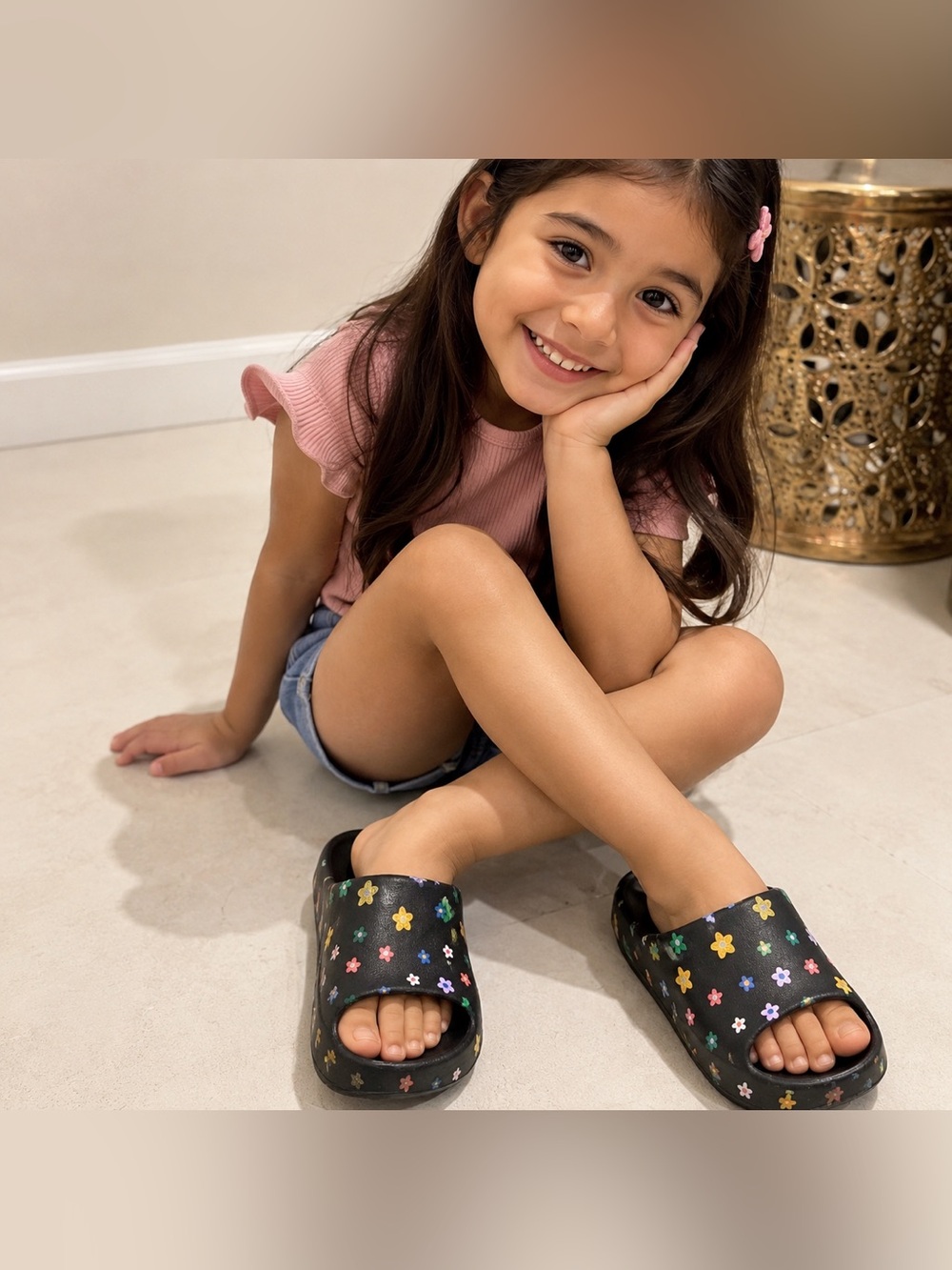 Kids Black Floral Slide Sandals with Colorful Flowers